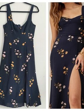 Reformation Fulton Floral Navy Blue Midi Dress Princess Margaret Size 10
